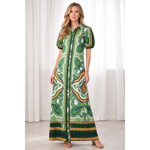 ADOR Retro Geometric Floral Maxi Shirt Dress Green Short Puff Sleeve Womens M